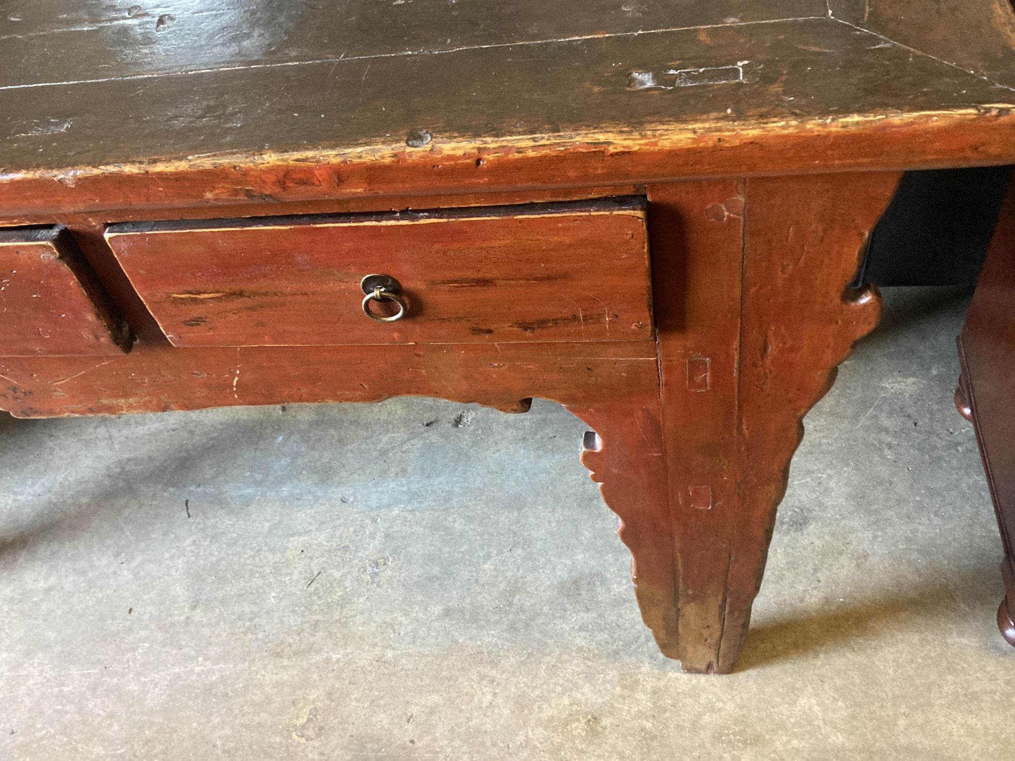 A Chinese painted three drawer altar table, length 172cm, width 52cm, height 84cm, early 20th century from Northern China